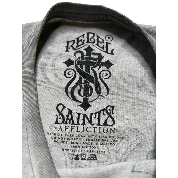 Y2K Rebel Saints Shirt Mens Medium Affliction Biker Angel Wings Skull Grunge - Picture 4 of 11